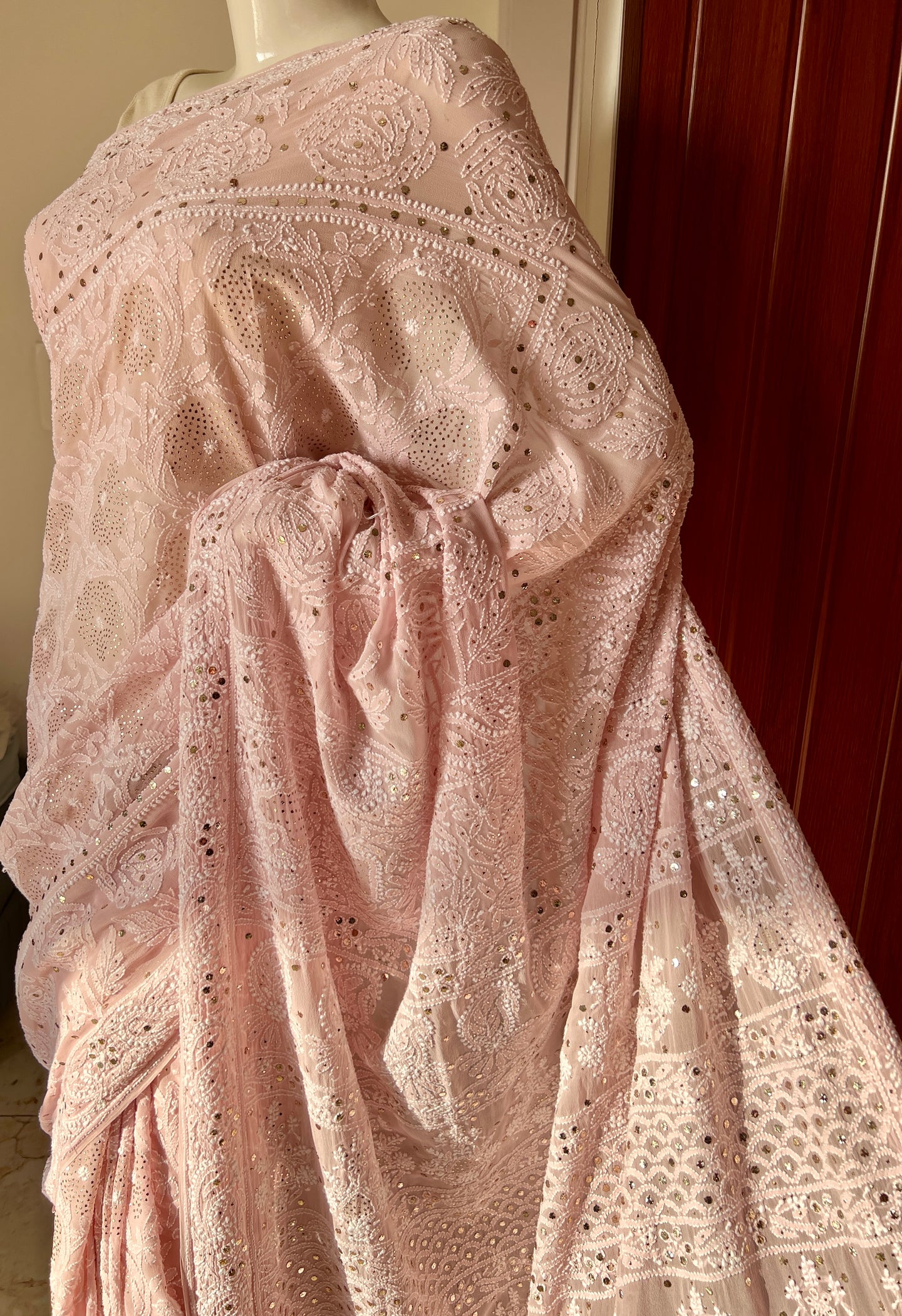 Ruhani Dusty Pink Allover Designer Chikankari and Mukaish Saree